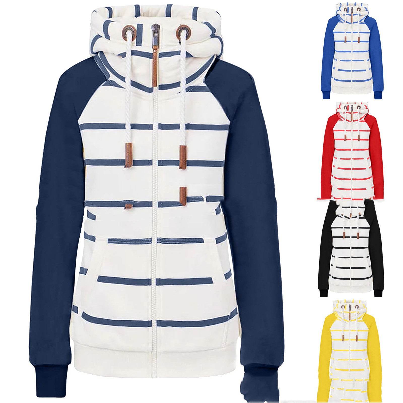 Ladies Striped Zipper Contrast Polyester Hoodie - Mubimart