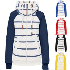 Ladies Striped Zipper Contrast Polyester Hoodie