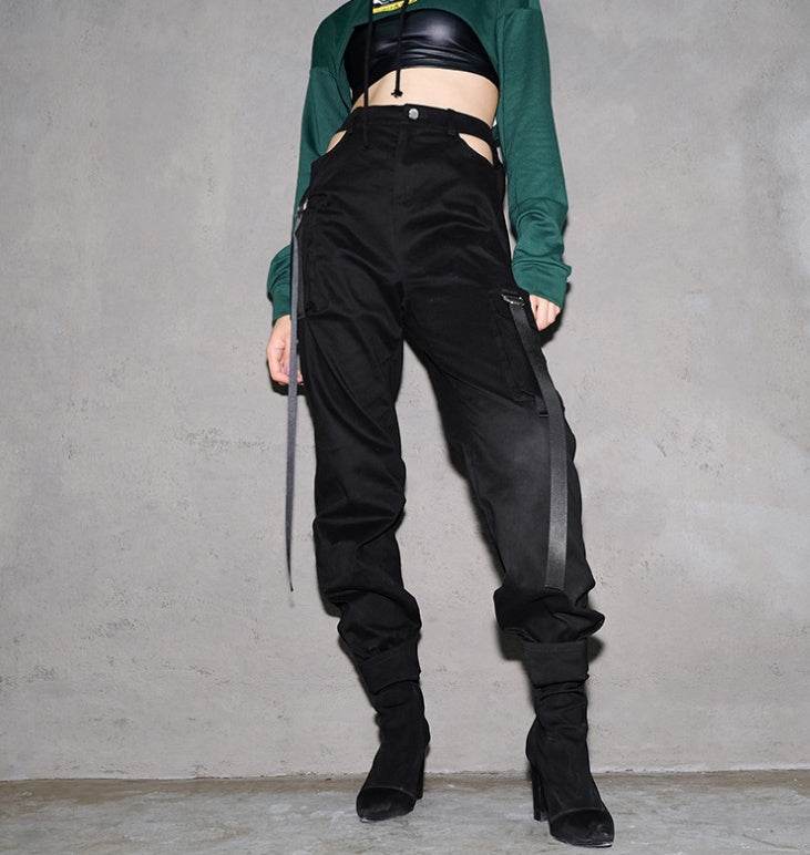 Women Black High Waist Pencil Pants Pockets Patckwork Hollow Out Pants Fashion Women Streetwear Cargo Pants Women Pants - Mubimart
