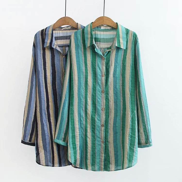 Women Autumn Stripe Lapel Neck Blouses Loose Tops - Mubimart