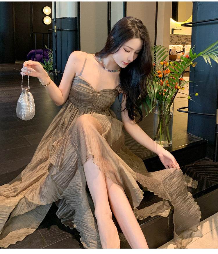 Pleated Irregular Elegant Midi Dress - Mubimart