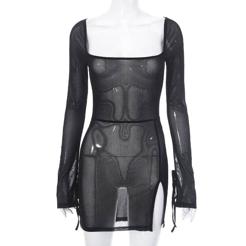Ins Square-neck Long Sleeve Dress Fashion Slim Hip-covering Split Design Short Skirt Women's Clothing - Mubimart