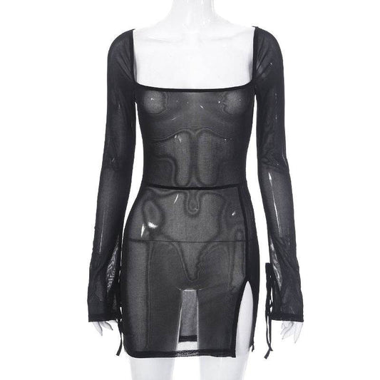 Ins Square-neck Long Sleeve Dress Fashion Slim Hip-covering Split Design Short Skirt Women's Clothing - Mubimart