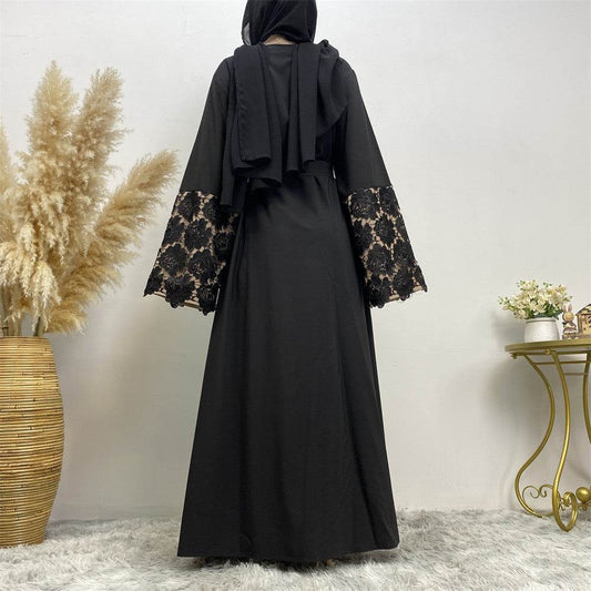 Lace Cuffs Patchwork Long Sleeve Loose Plus Size Lace Up Cardigan Robe - Mubimart