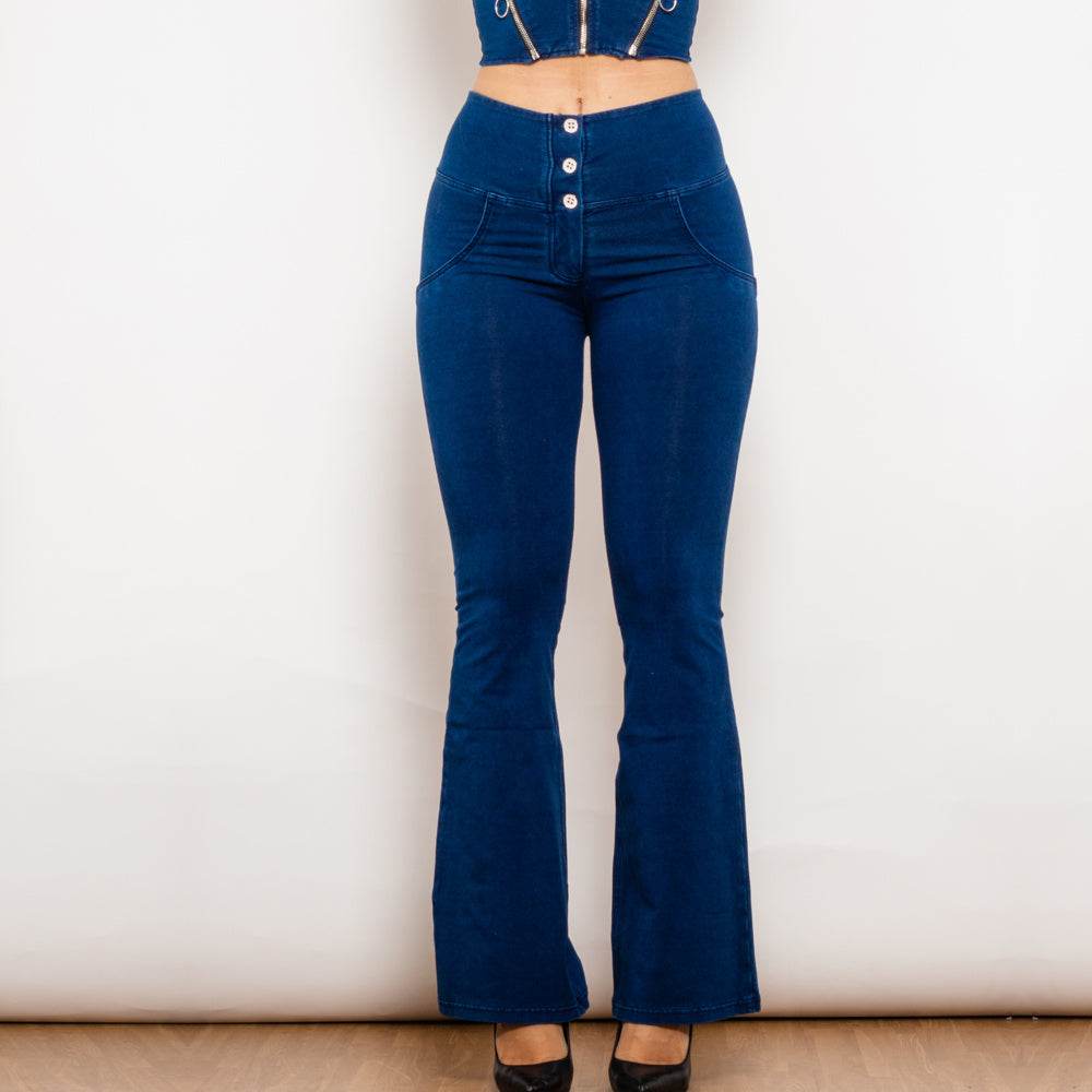 Shascullfites Melody Dark Blue Flared Lift Jeggings Button Up Jeans Bum Lift Jeans High Waist Flare Jeans Women - Mubimart