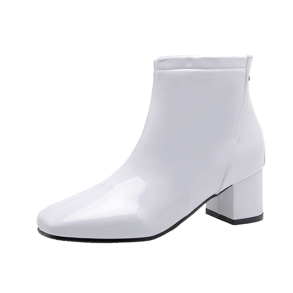 Mid heel lacquered square toe boots - Mubimart