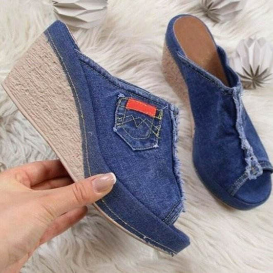 Denim high heels wedge sandals - Mubimart