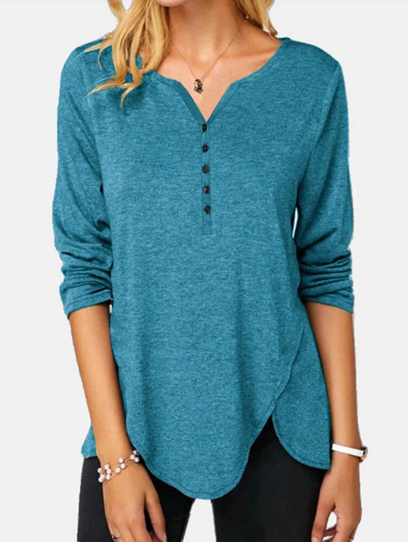 Long Sleeve V-neck Single-breasted Plus Size T-shirt - Mubimart