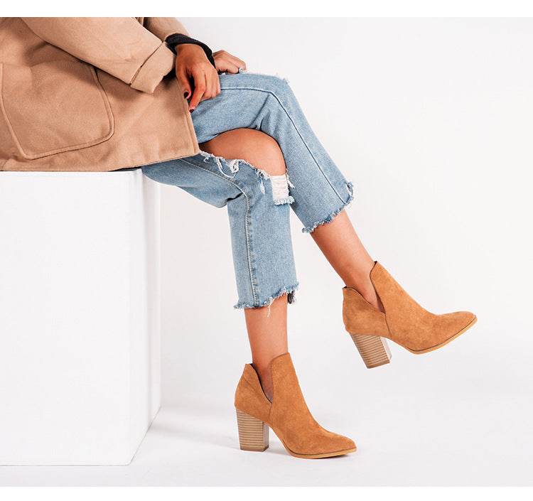 Chunky high-heeled solid color booties - Mubimart