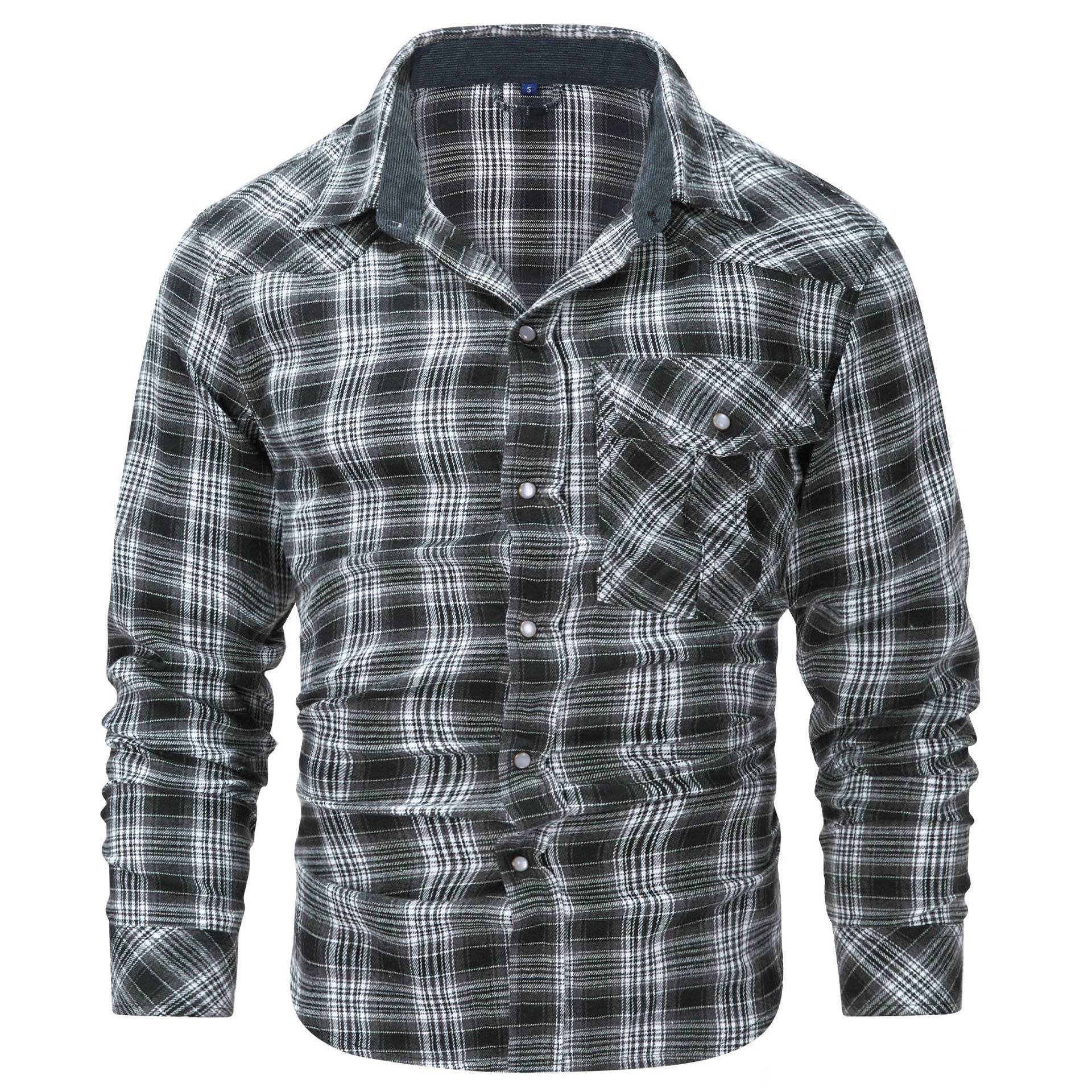 Flannel European And American Retro Pearl Buckle Western Style Long Sleeve Shirt - Mubimart