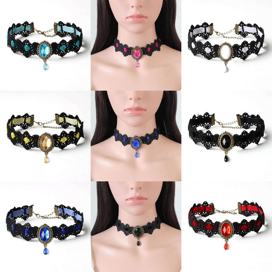 Halloween Costume Accessories Set Seven-color Necklaces Ethnic Style Accessories Gothic Choker Lace Collar Vintage Gem Clavicle Chain - Mubimart