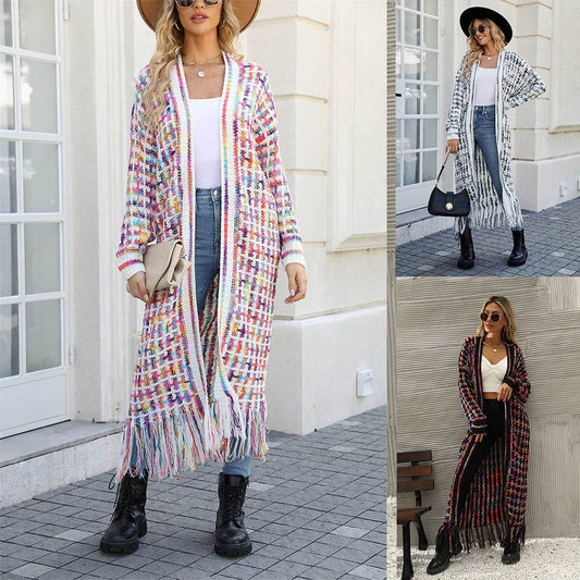 Women's Plus Size Tassel Long Cardigan Jacket Sweater - Mubimart