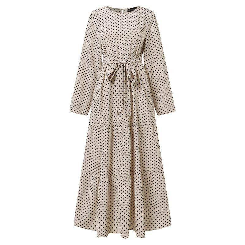 Women Polka Dot Long Sleeve Dress Stylish Belts Party Robe - Mubimart