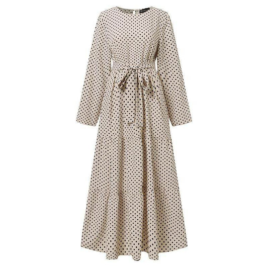 Women Polka Dot Long Sleeve Dress Stylish Belts Party Robe - Mubimart