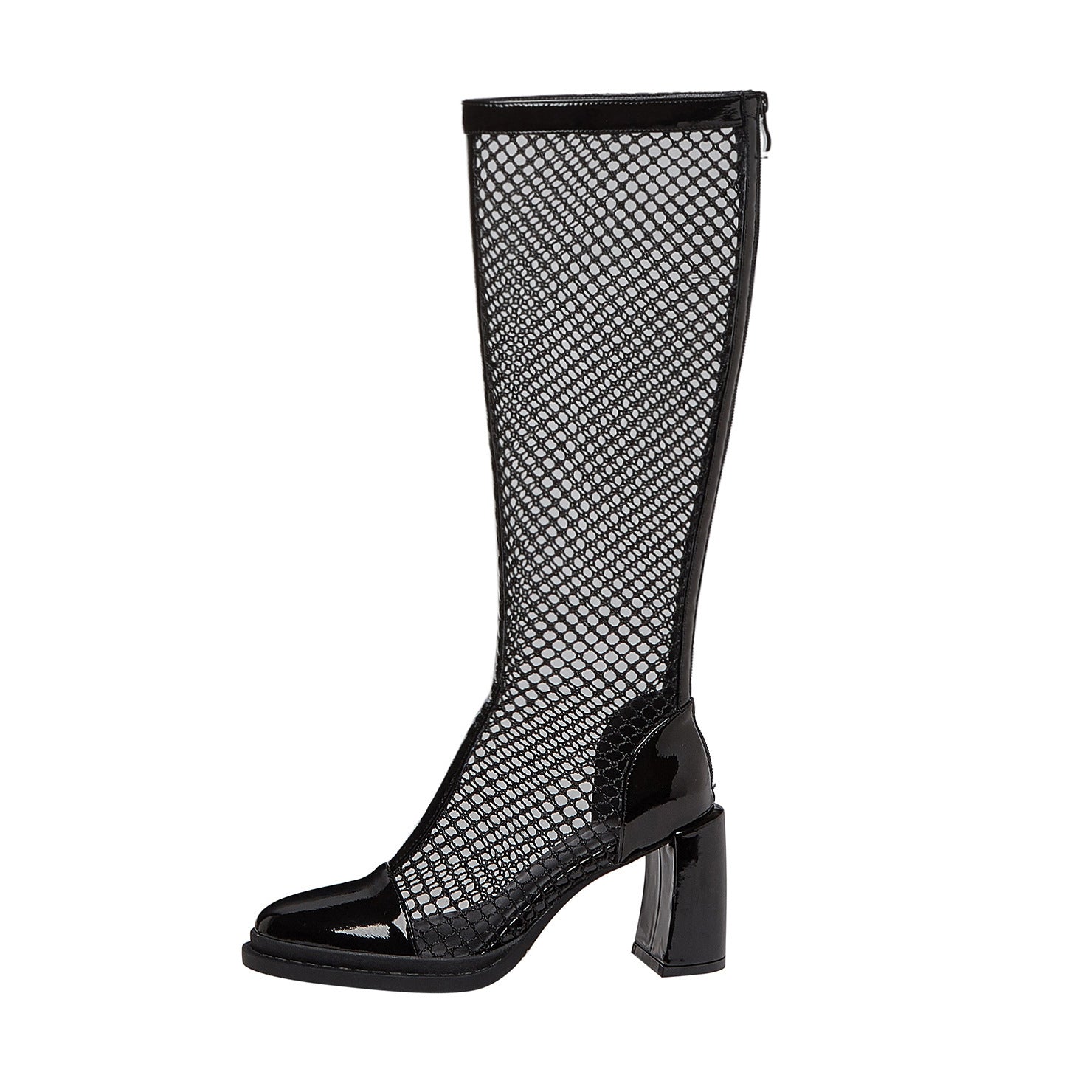 Women's  Fashion Round Toe Back Zipper Tall Net Black High Heel Boots