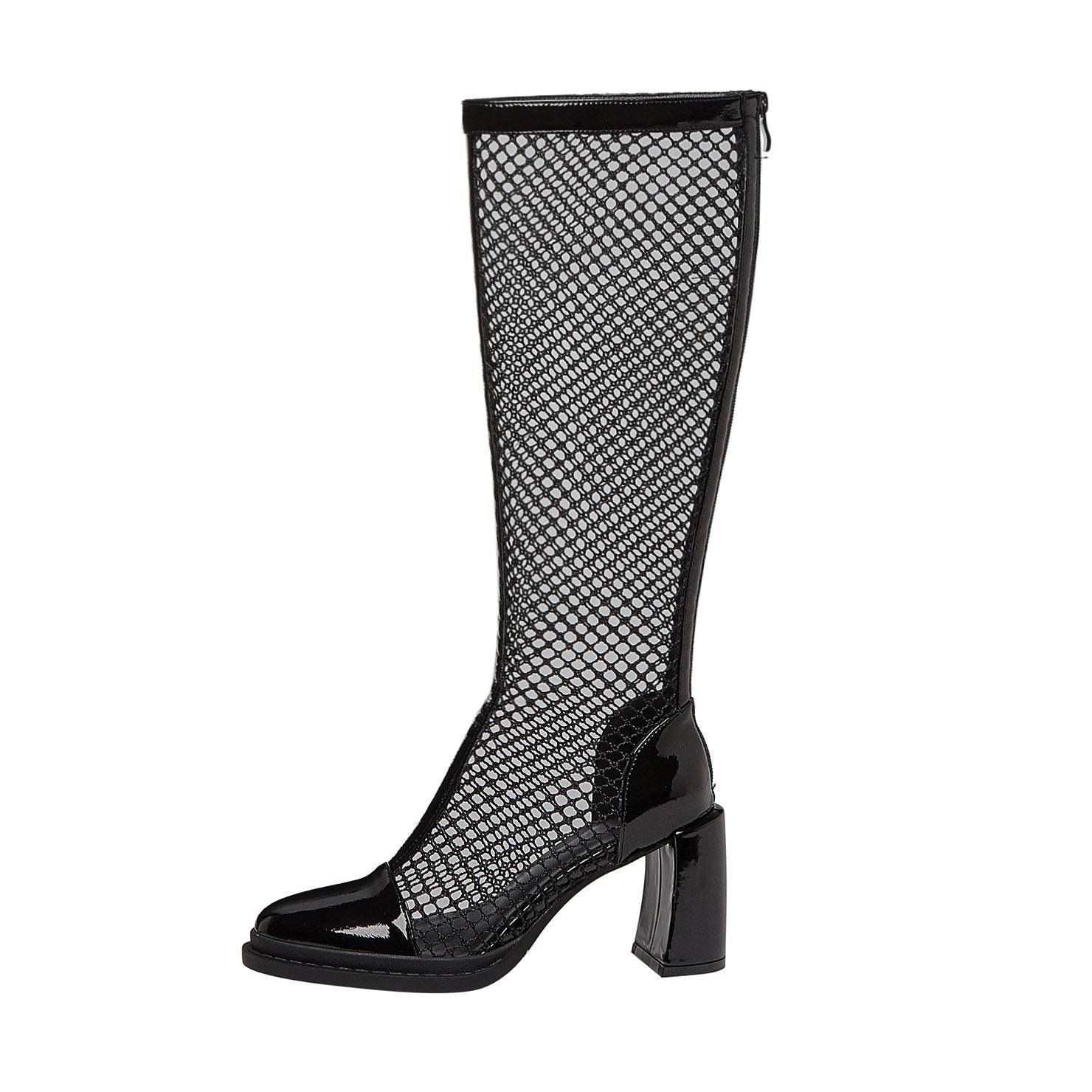 Women's Fashion Round Toe Back Zipper Tall Net Black High Heel Boots - Mubimart