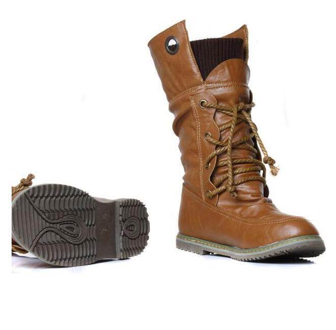 Cross-Lace Flat Ankle Boots Martin Boots - Mubimart