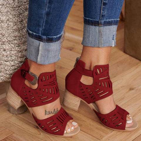 Cutout carved block heel sandals - Mubimart