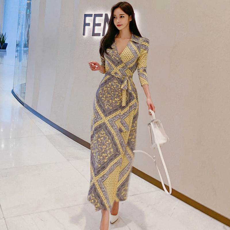 Blocked Grey & Yellow Maxi Dress - Mubimart