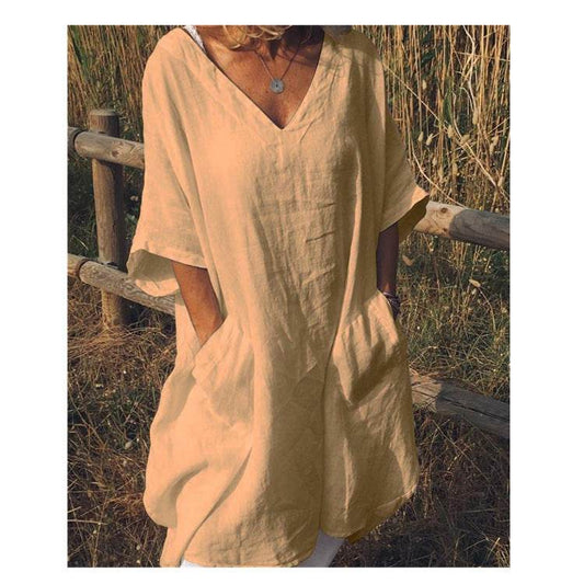 Oversized V-neck midi dress - Mubimart