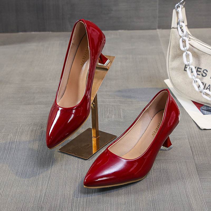 Shallow Mouth Pointed High Heels Sexy Patent Leather Stilettos - Mubimart