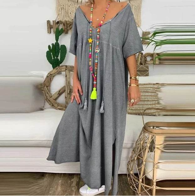 V-neck short sleeve casual plus size dress - Mubimart