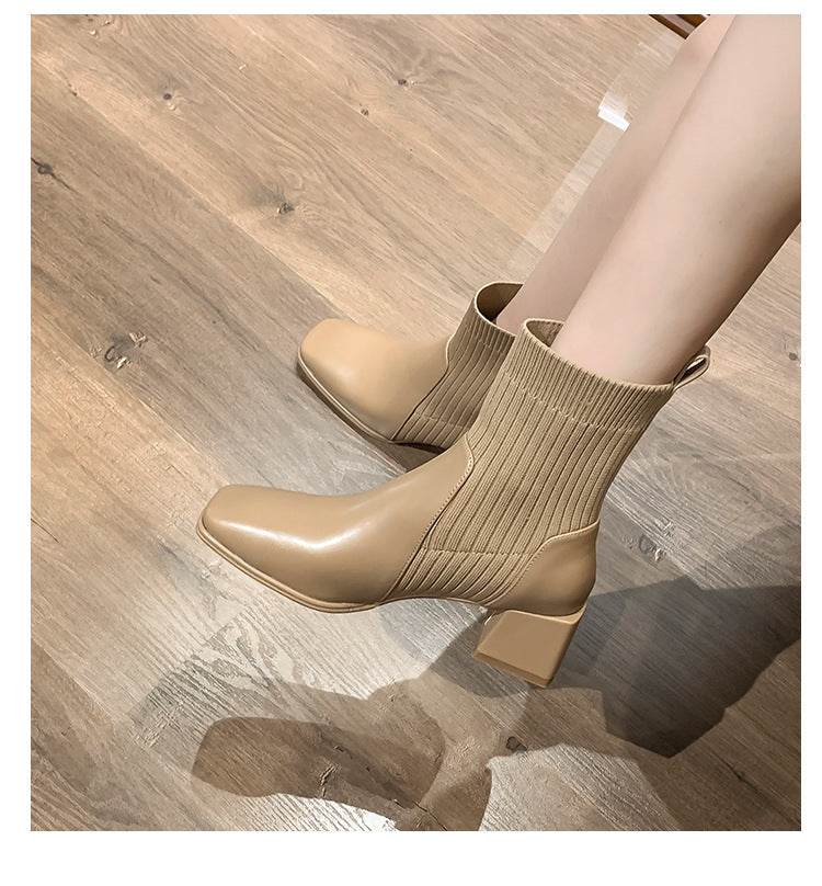 Chunky Heel Square Toe Knit Martin Boots - Mubimart