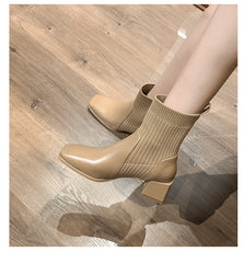 Chunky Heel Square Toe Knit Martin Boots