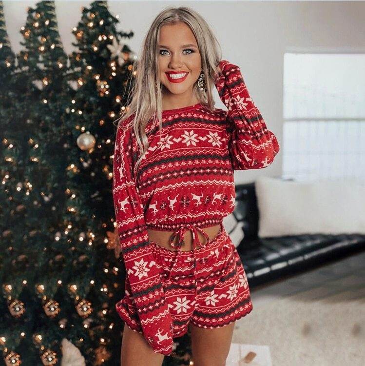 Women Christmas Pajama Sets Long Sleeve Crop Top Shorts 2Pcs - Mubimart