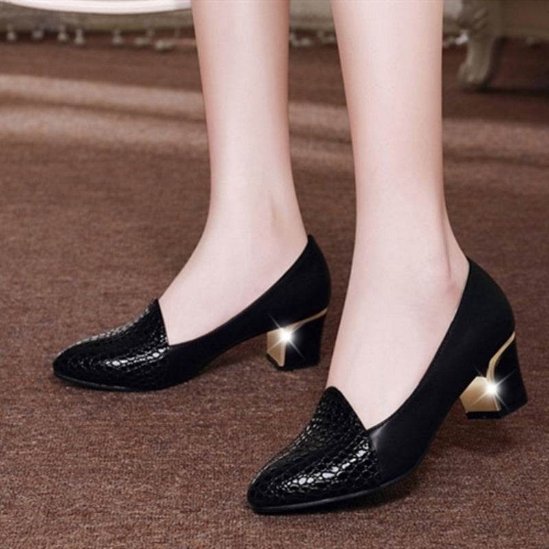 Pointed Single Shoes Women's Middle Heel Thick Heel Shoes Large Size Work Shoes - Mubimart