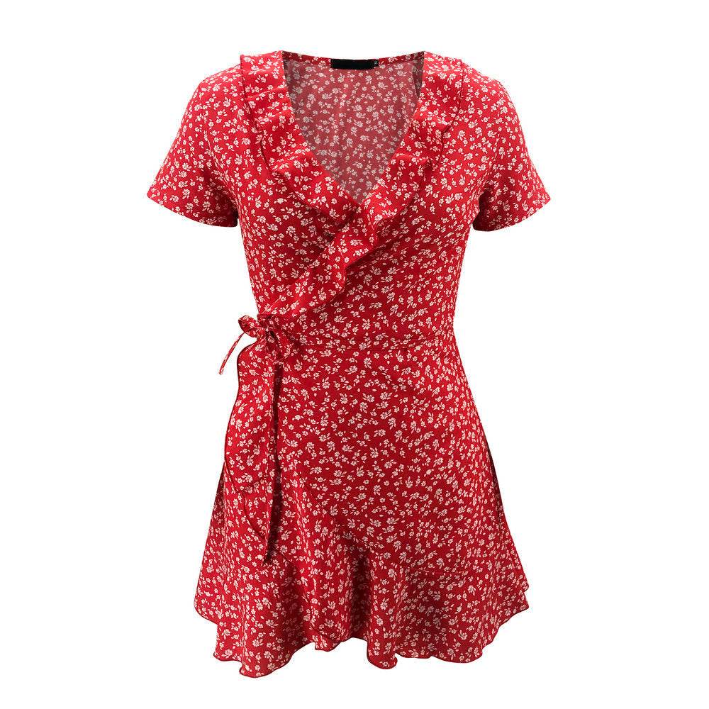 European And American Summer V-neck Ruffled Lace A-line Slim Dress - Mubimart