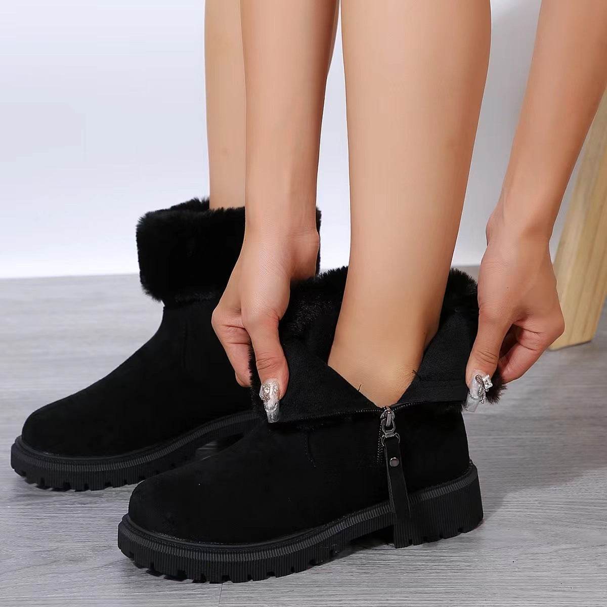 Warm Plush Boots Winter Fashion Side-Zipper Snow Boot For Women Outdoor Thickened Low-heelded Shoes - Mubimart