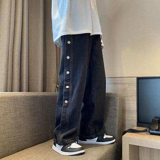Personalized Side Breasted Pants Straight Leg Jeans Women - Mubimart