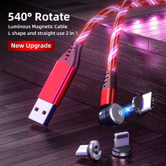 540 Rotate Luminous Magnetic Cable 3A Fast Charging Mobile Phone Charge Cable For LED Micro USB Type C For I Phone Cable - Mubimart