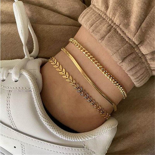 Personalized Retro Metal Texture Chain Leaves Anklets - Mubimart
