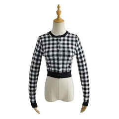 Women Crew Neck Plaid Knit Cardigan Crop Top - Mubimart -  