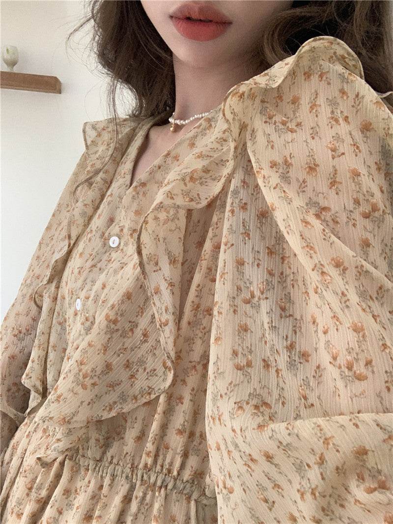 Retro Elegance Chiffon Midi Dress - Mubimart
