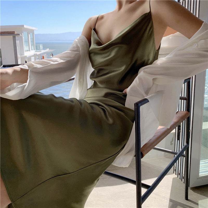 Sleek Acetate Satin Swing Neck Slip Dress - Mubimart