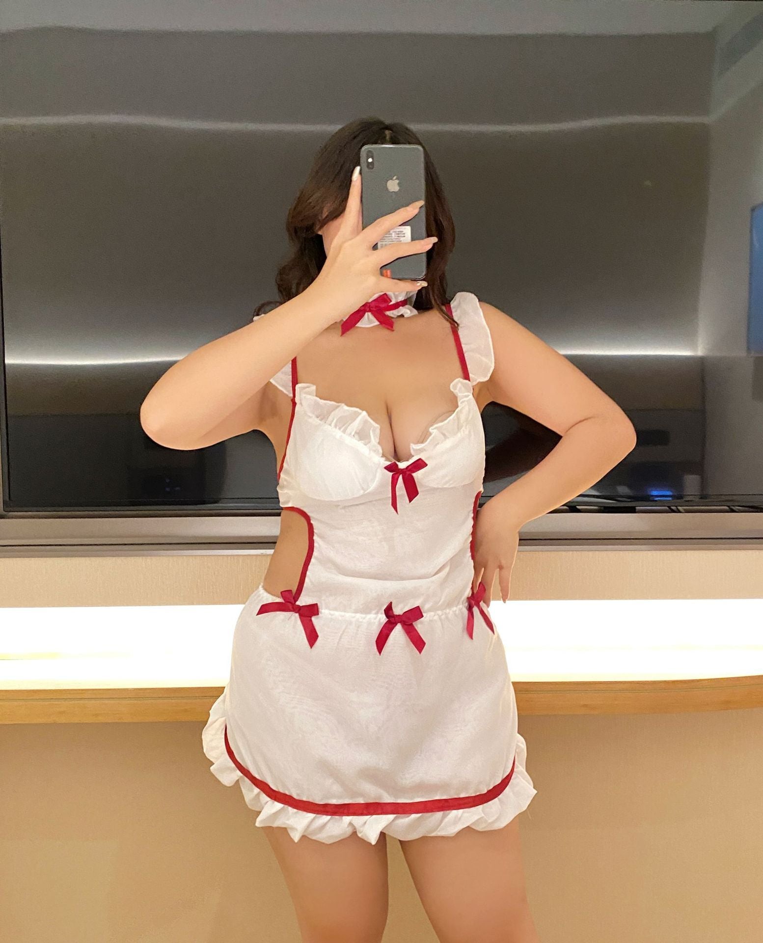 Plus Size  Lingerie Women's Siamese Hollow-out Kitchen Apron Maid Maid  Lingerie Uniform - Mubimart -  