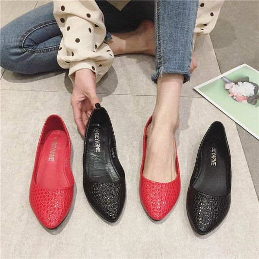 Patent Leather Feel Embossed Snake Print Flats - Mubimart