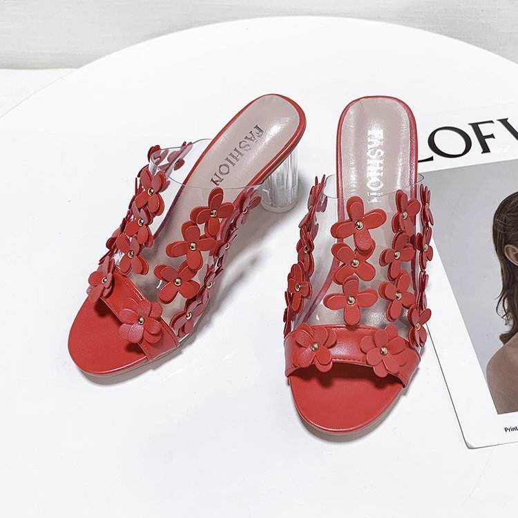 Slotted flower PVC block heel shoes - Mubimart