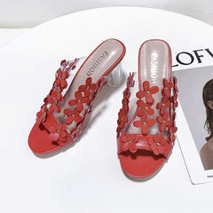 Slotted flower PVC block heel shoes