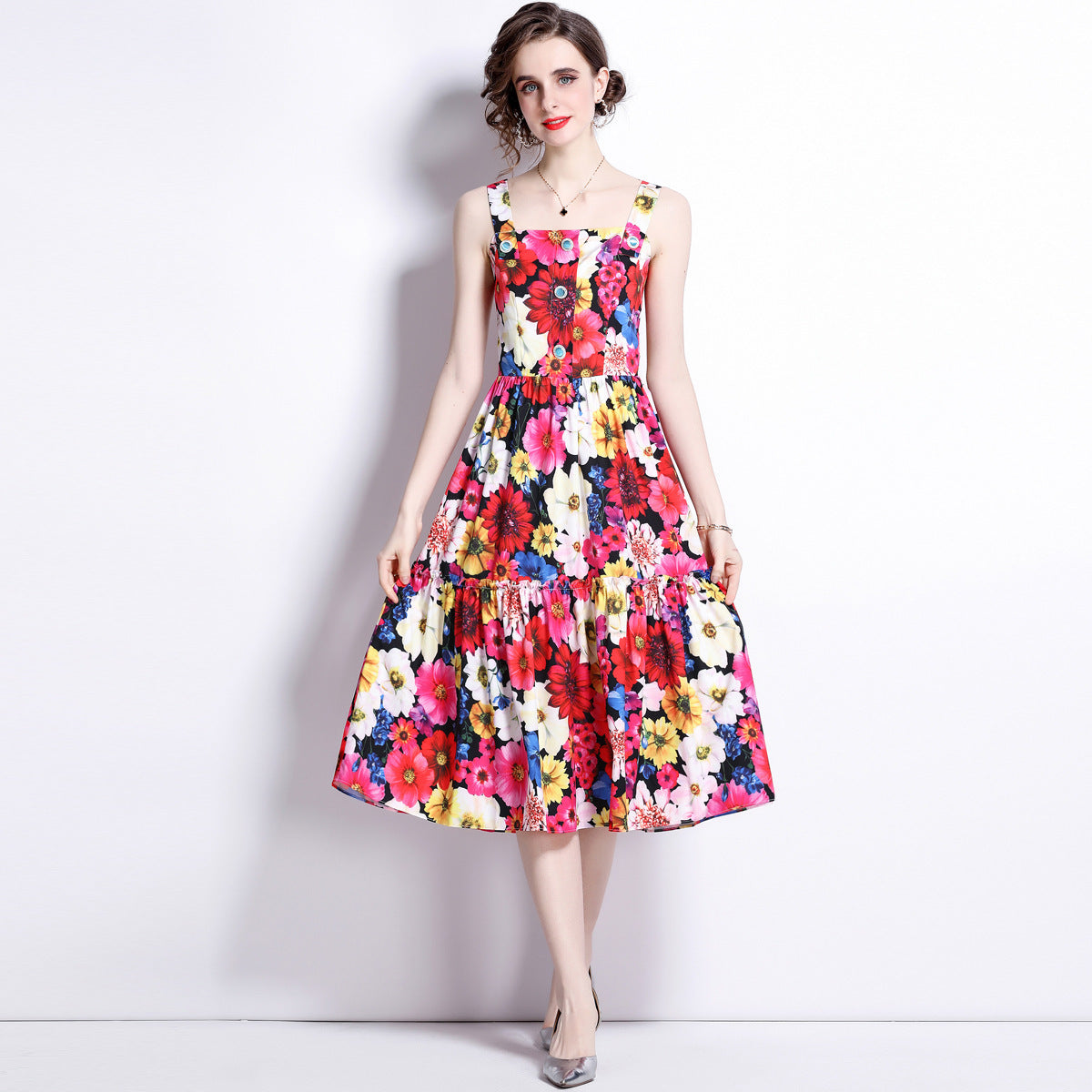 French Slip Dress Summer Print Flounces Vacation - Mubimart - Slip dress 