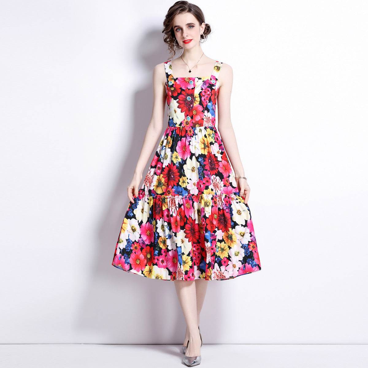 French Slip Dress Summer Print Flounces Vacation - Mubimart