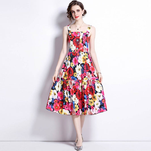 French Slip Dress Summer Print Flounces Vacation - Mubimart