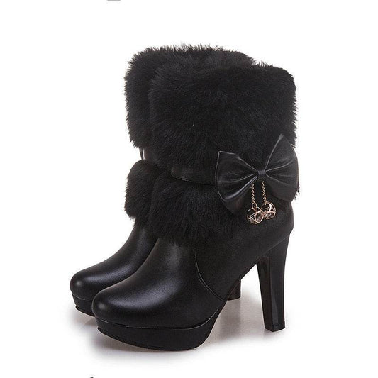 Sweet Princess Autumn And Winter Short Boots Snow Women Middle Boots Women Boots Thick Heel Short Boots - Mubimart