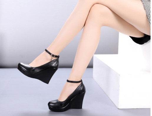 Fashion Ankle Strap High Wedges Platform Pumps For Women Casual Genuine Leather Black Work Shoes High Heels - Mubimart