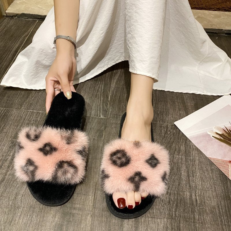 PVC word leopard wool slippers women - Mubimart -  