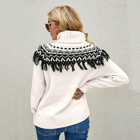 New Cross-border Amazon Fashion Pullover Plus Size Ladies Tassel Knitted Sweater European And American Turtleneck Sweater - Mubimart