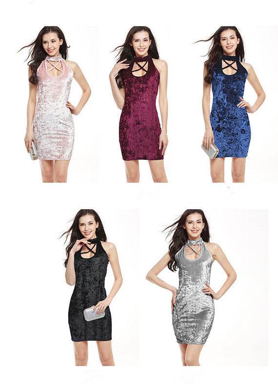 USA SIZE Sexy cross bandage bag hip gold silk velvet dress dress mini pencil skirt - Mubimart